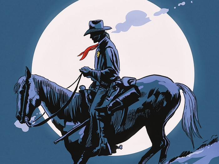 The Lone Ranger on horseback under a full moon