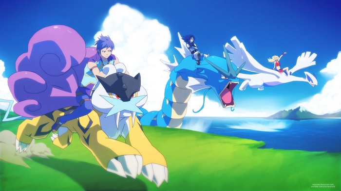 Raikou, Gyarados, and Lugia with Trainers