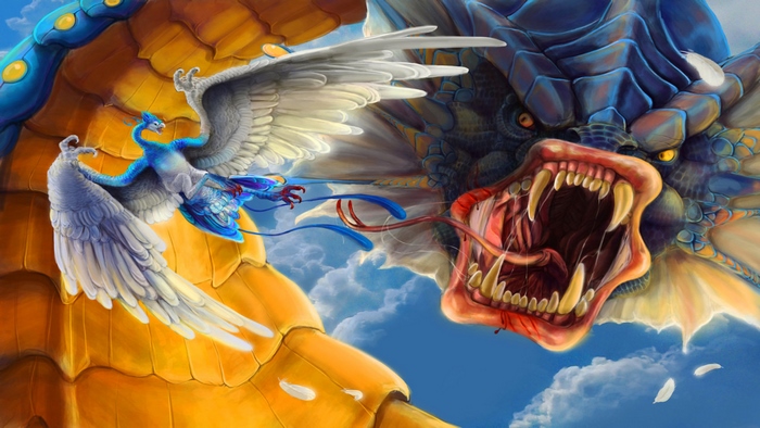Gyarados and two bird-like creatures in the sky