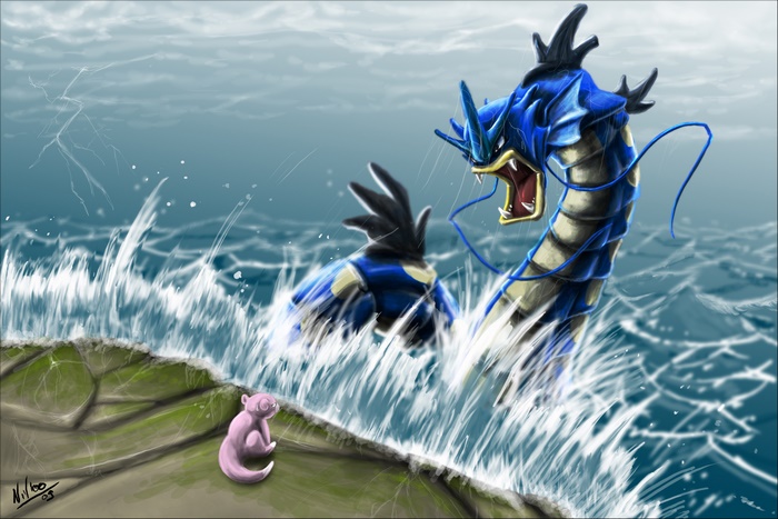Gyarados in rough water with a pink Pokemon