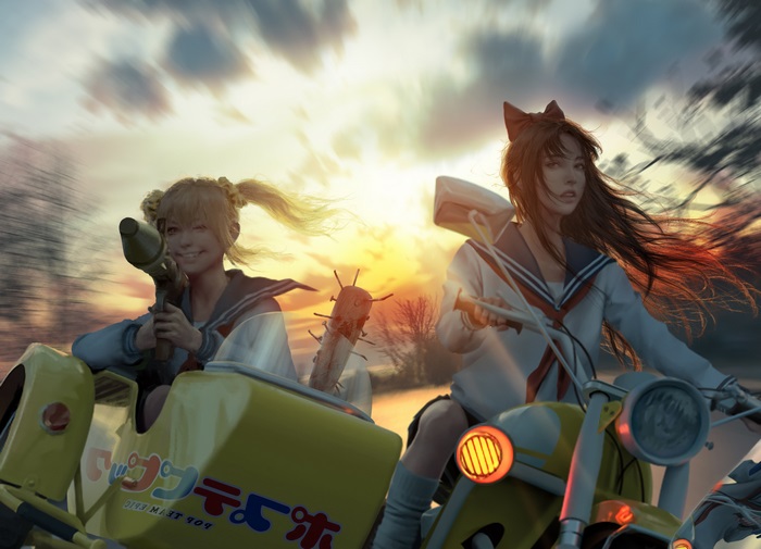 Popuko and Pipimi from Pop Team Epic on a motorcycle