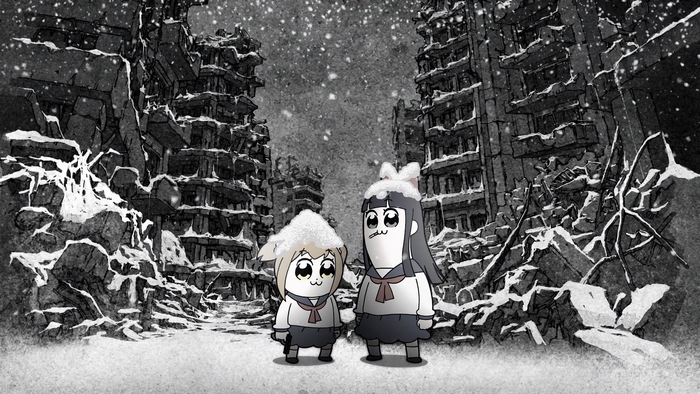 Popuko and Pipimi from Pop Team Epic in ruins