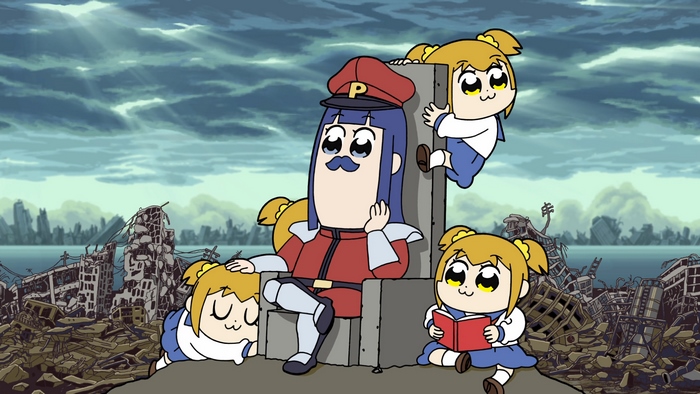 Popuko from Pop Team Epic in a ruined city