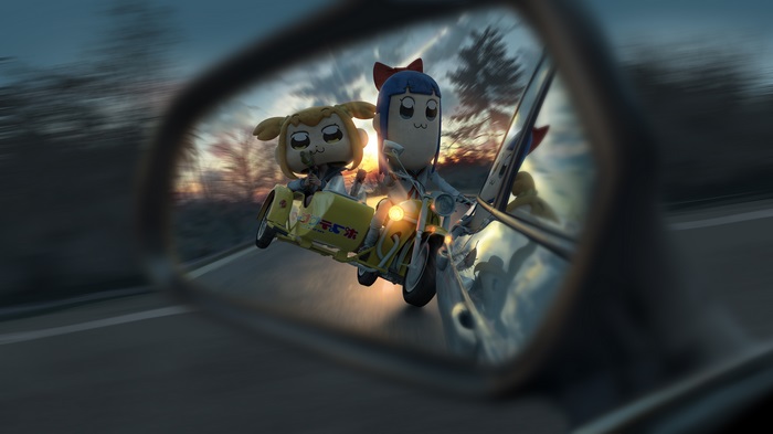 Popuko and Pipimi from Pop Team Epic on a motorcycle with sidecar
