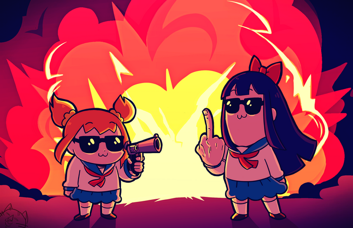 Popuko and Pipimi from Pop Team Epic with Gun and Middle Finger