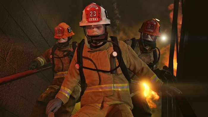 Three firefighters in protective gear descending stairs