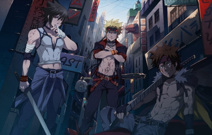 Naruto, Sasuke, and Kiba in a city