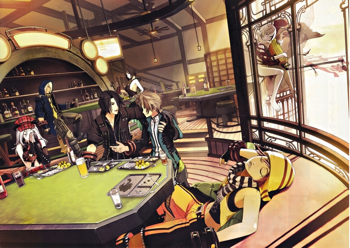 Characters playing cards in a bar