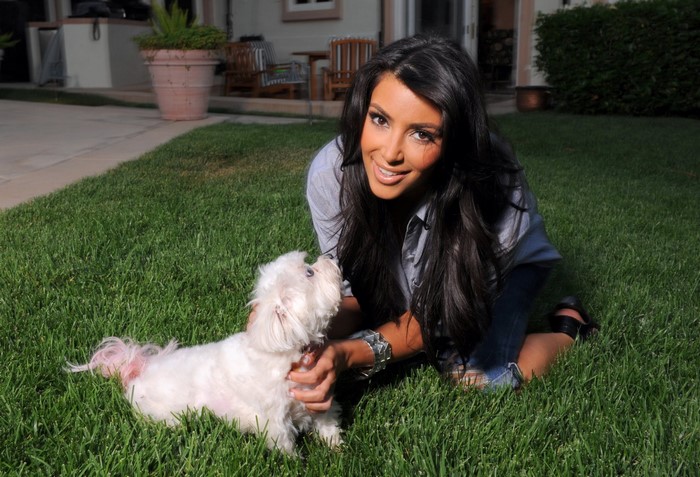 Kim Kardashian with a small white dog on grass