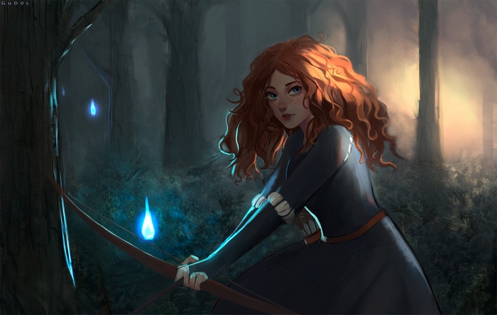 Merida from Brave with a bow in a forest