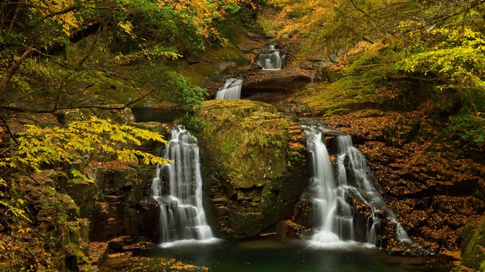 Autumn waterfalls in a forest with colorful foliage