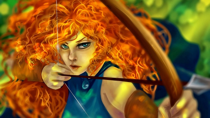Merida from Brave aiming a bow and arrow