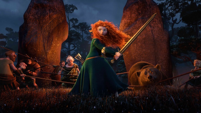 Merida from Brave with a bear and clansmen