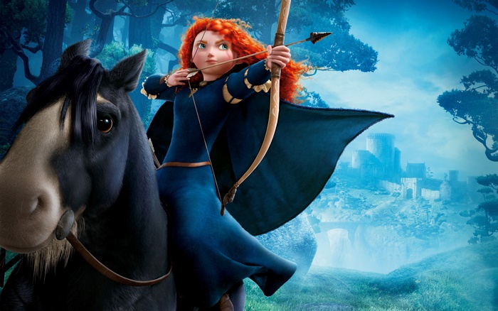 Merida from Brave riding a horse with a bow and arrow