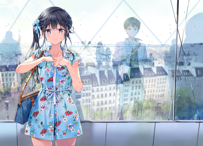 Girl in floral dress and boy reflected in window