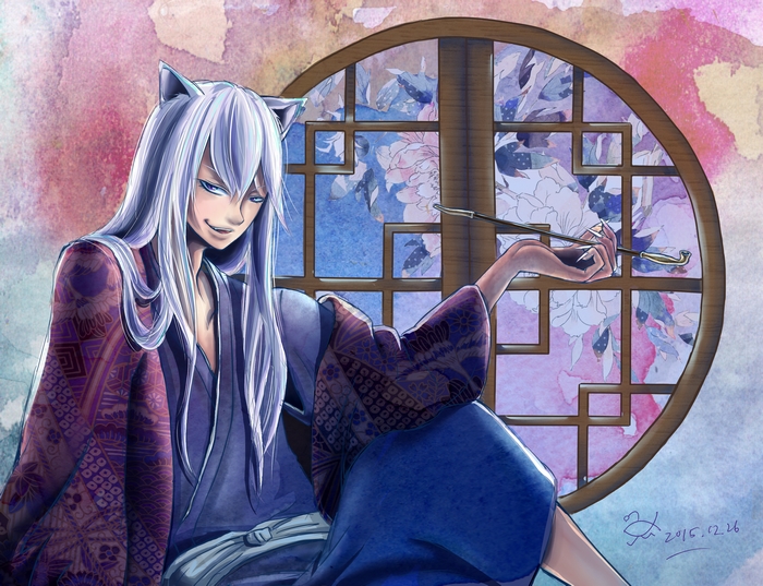 Tomoe from Kamisama Kiss with cat ears smoking a pipe