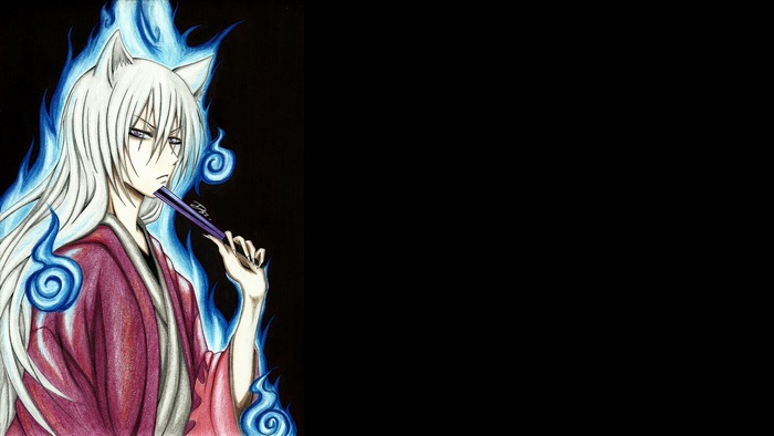 Tomoe with White Hair and Blue Flames