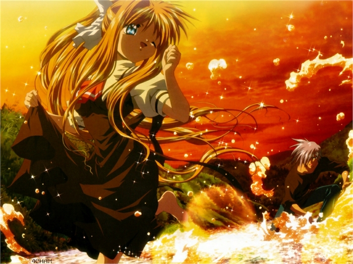 Girl and boy in a fiery landscape