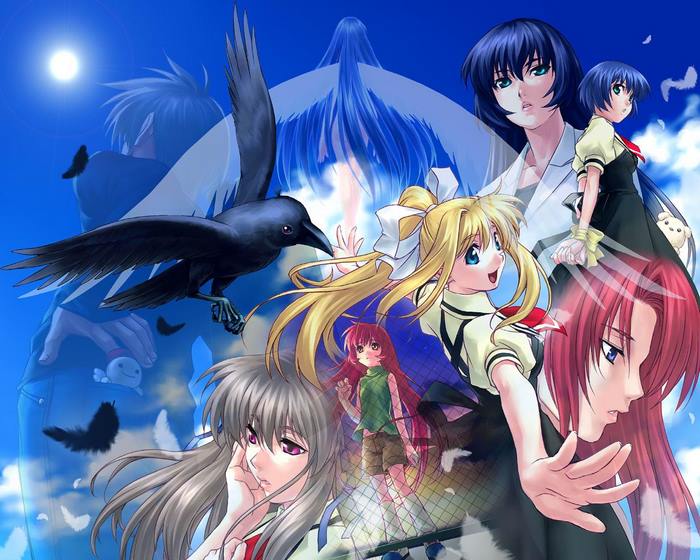 Anime characters with a crow and moon