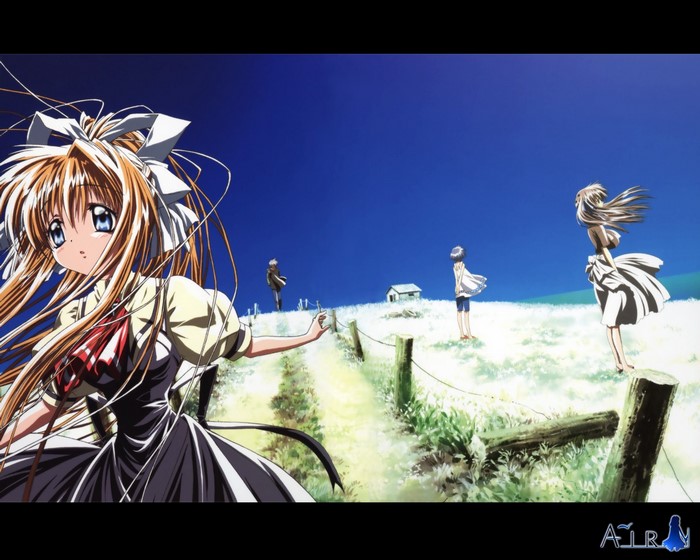 Anime girls in a field with a house