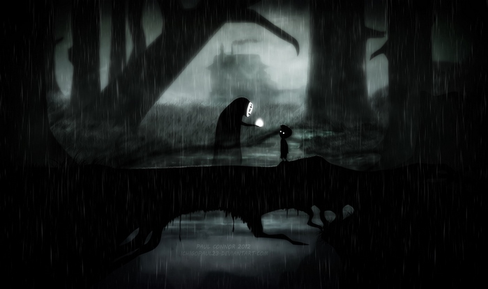 No-Face and a child in a dark forest