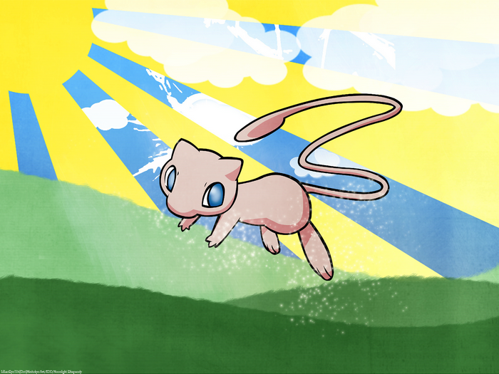 Mew from Pokémon flying in a sunny landscape