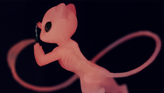 Mew from Pokémon holding a DNA strand