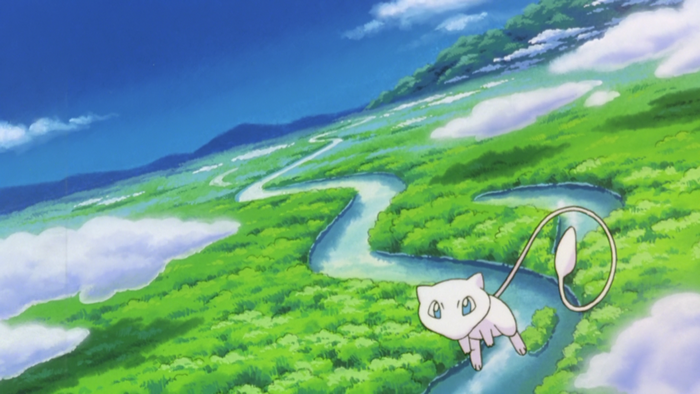 Mew from Pokémon flying over a river
