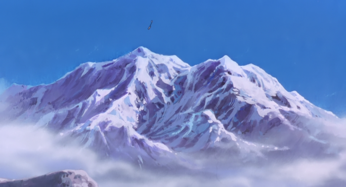 Mew in front of snowy mountains