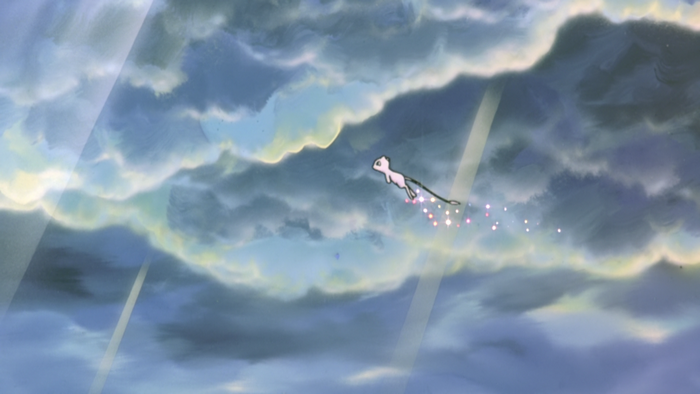 Mew from Pokémon flying through clouds