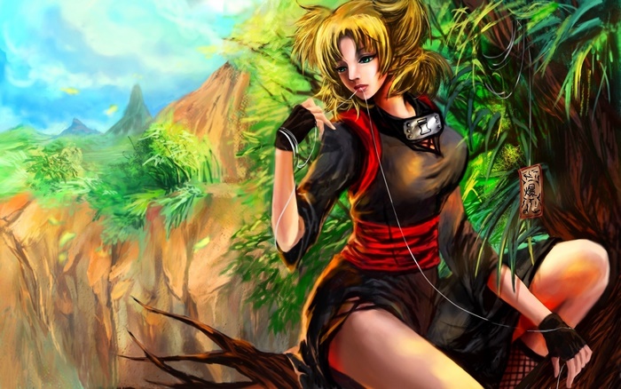 Temari from Naruto sitting on a tree branch