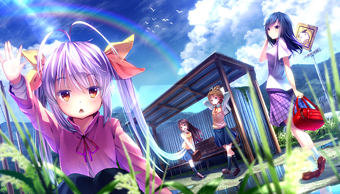 Renge Miyauchi and friends at a bus stop