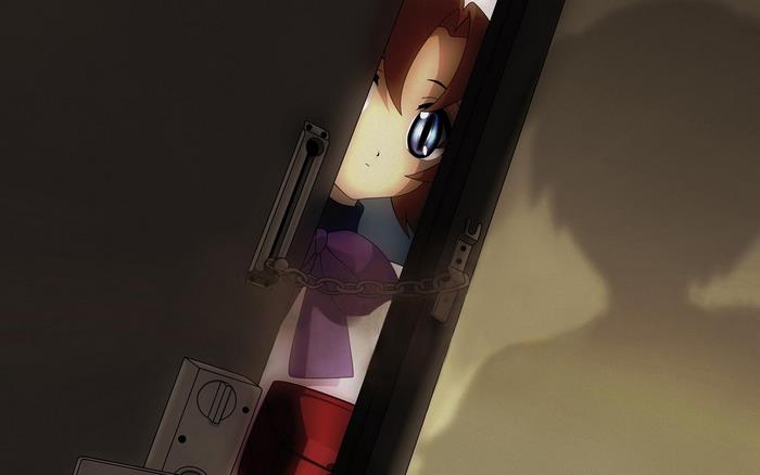 Rena Ryugu peeking through a door