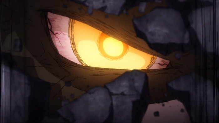 Momoshiki Ōtsutsuki's glowing eye breaking through stone