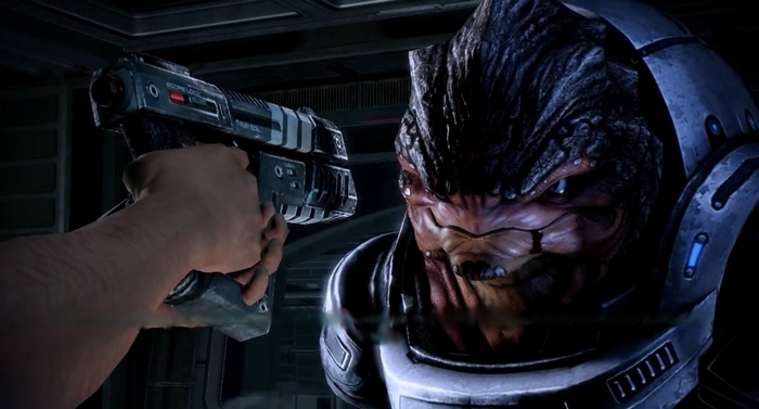 Grunt from Mass Effect holding a pistol