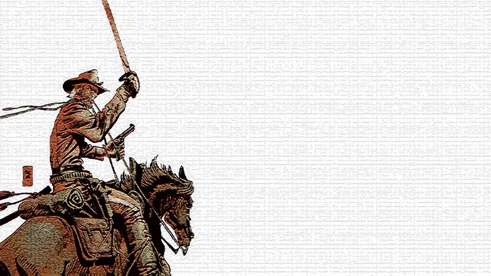 Jonah Hex on horseback with sword and pistol