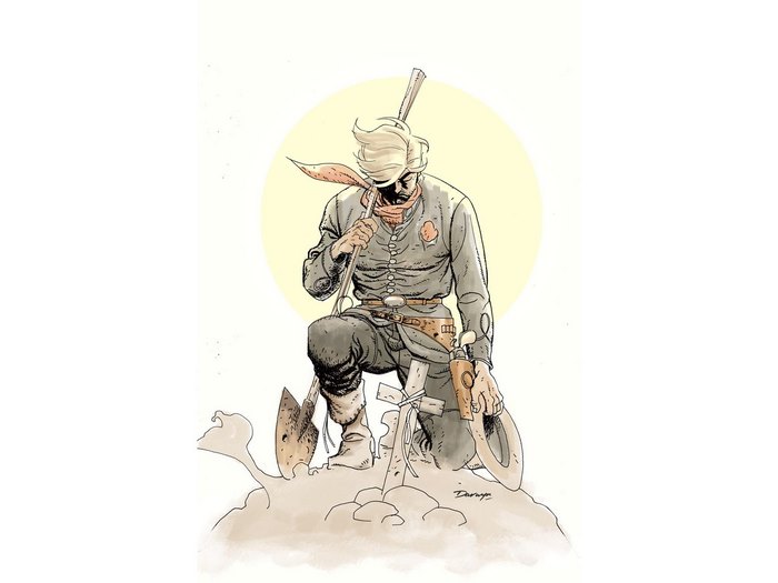 Jonah Hex kneeling with shovel and gun