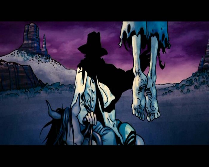 Jonah Hex on horseback with a hanged body