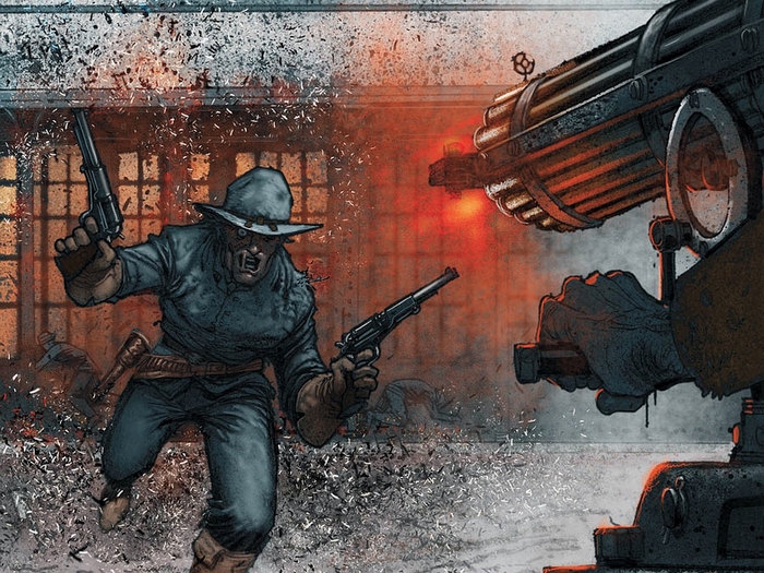 Jonah Hex in a gunfight with a Gatling gun