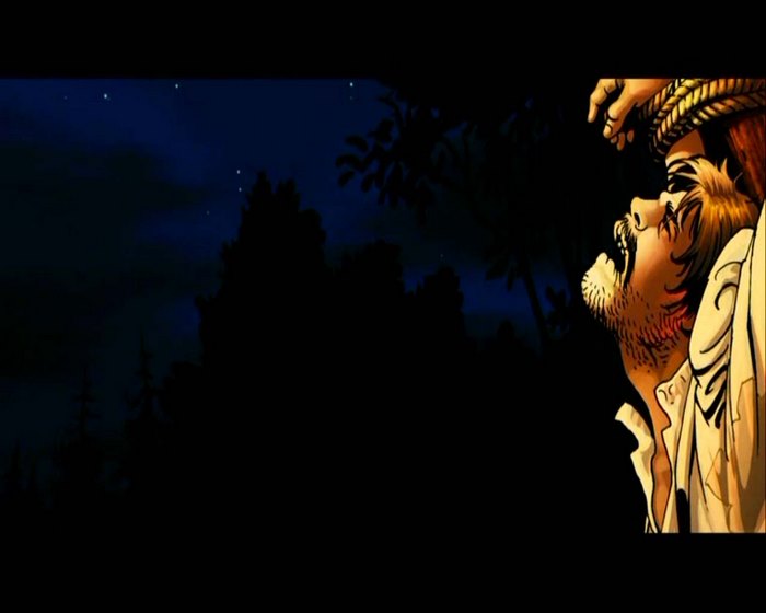 Jonah Hex hanging from a rope at night