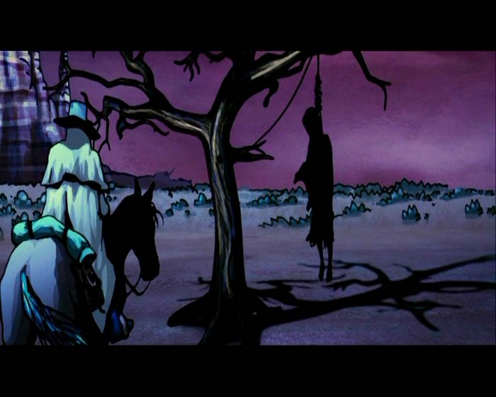 Jonah Hex on horseback near a hanging