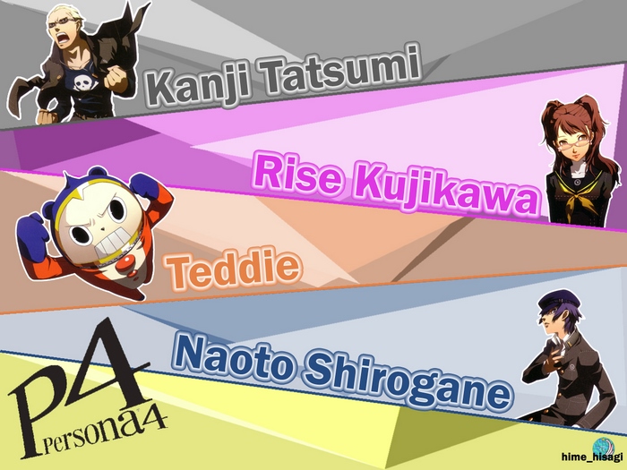 Persona 4 characters Kanji Tatsumi, Rise Kujikawa, Teddie, and Naoto Shirogane
