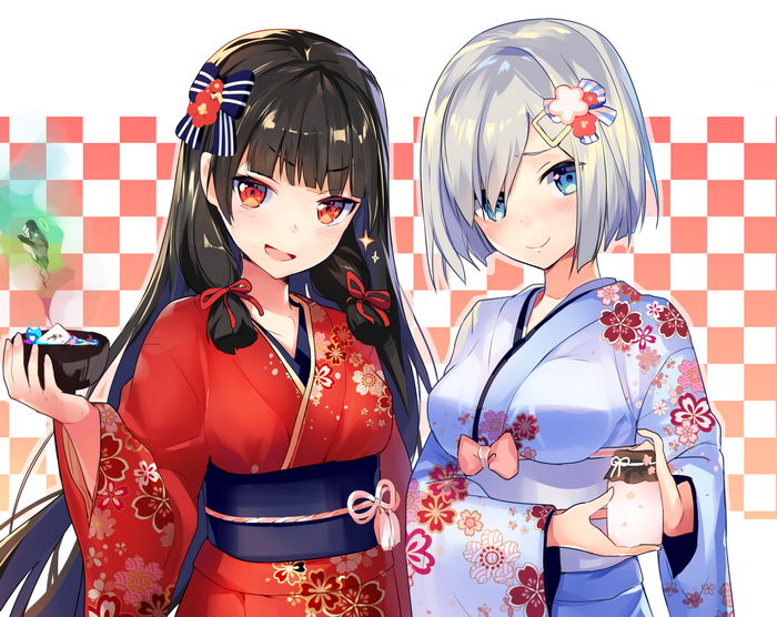 Two anime girls in kimonos with snacks