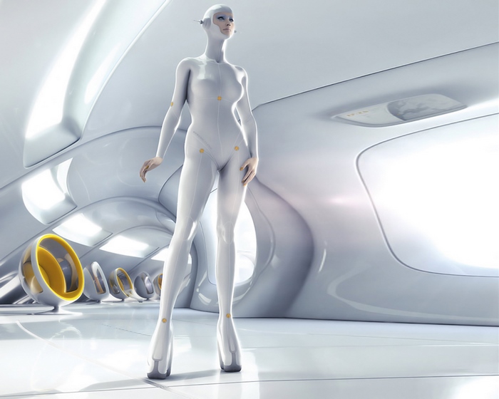 Futuristic woman in white suit in a modern interior