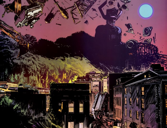 Galactus and debris over a city