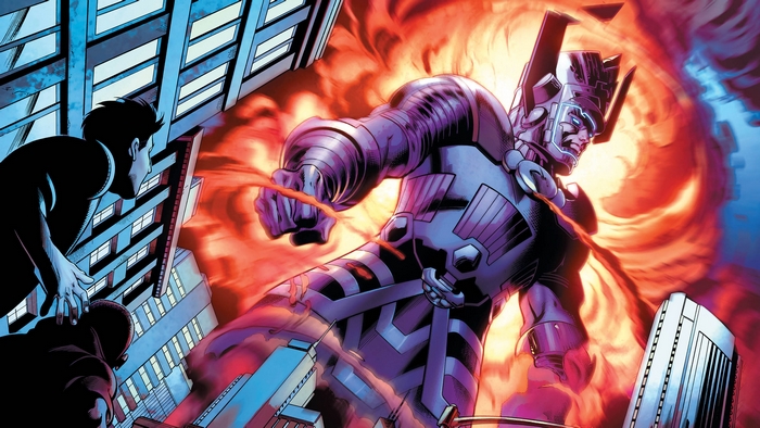 Galactus and two men in a city
