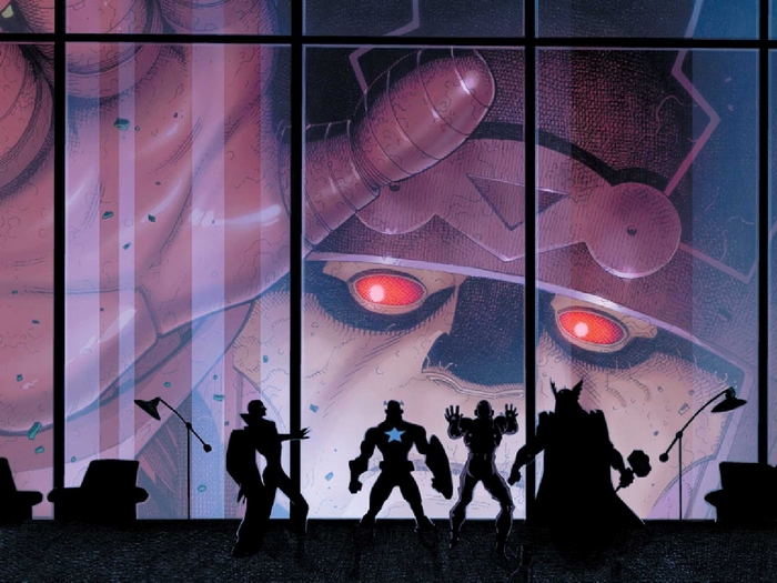 Galactus and Marvel heroes in a room
