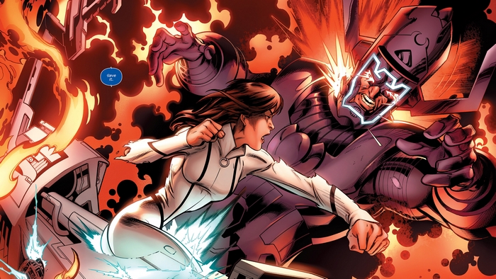 Galactus fighting a woman in white