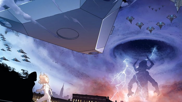 Galactus and fleet over city with portal
