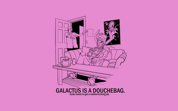 Galactus from Marvel Comics sitting on a couch